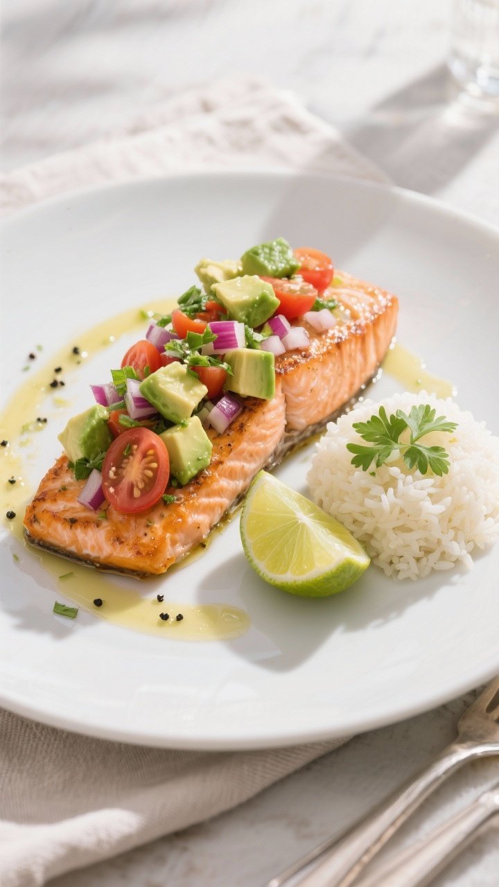 Final dish presentation: Beautifully plated baked salmon with generous avocado salsa spooned over th