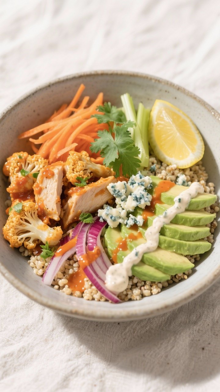 Final dish presentation: Beautifully plated Buffalo Cauliflower and Chicken Bowl, —base of fluffy