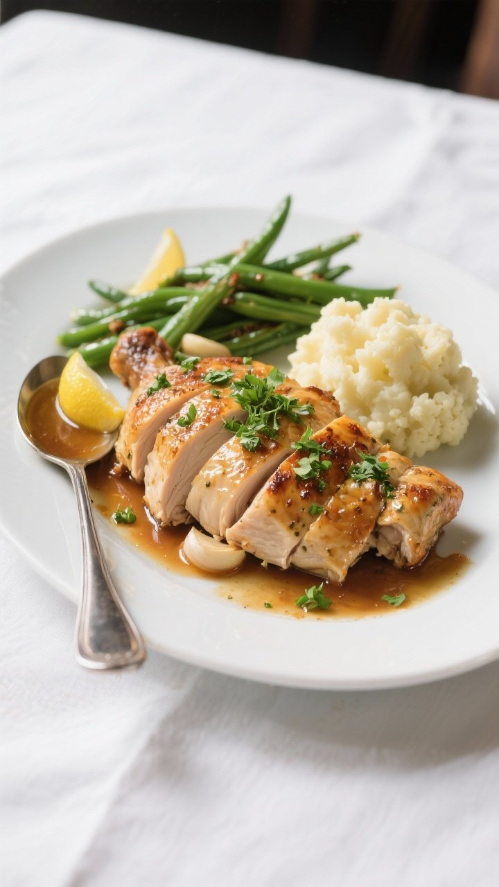 Final dish presentation: Beautifully plated carved garlic-herb roasted chicken with glistening slice
