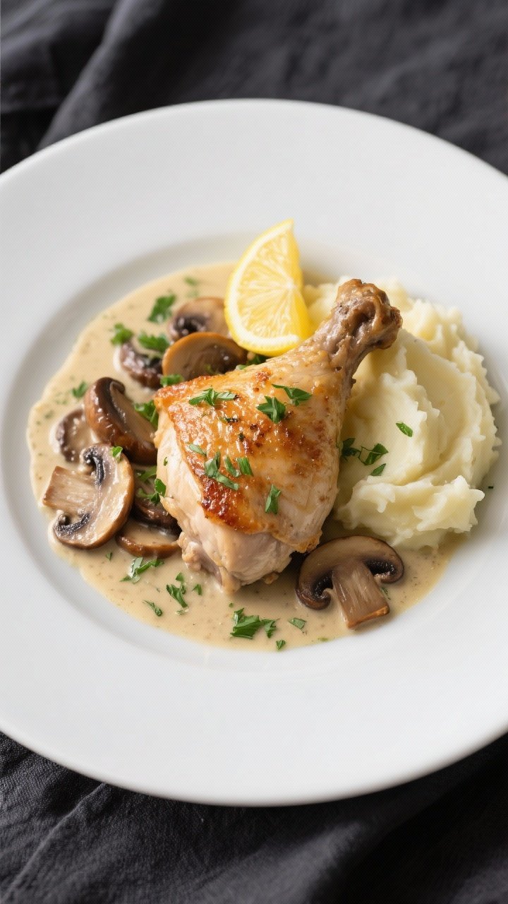 Final dish presentation: Beautifully plated Creamy Mushroom Chicken Thighs, skin-side up to keep cri