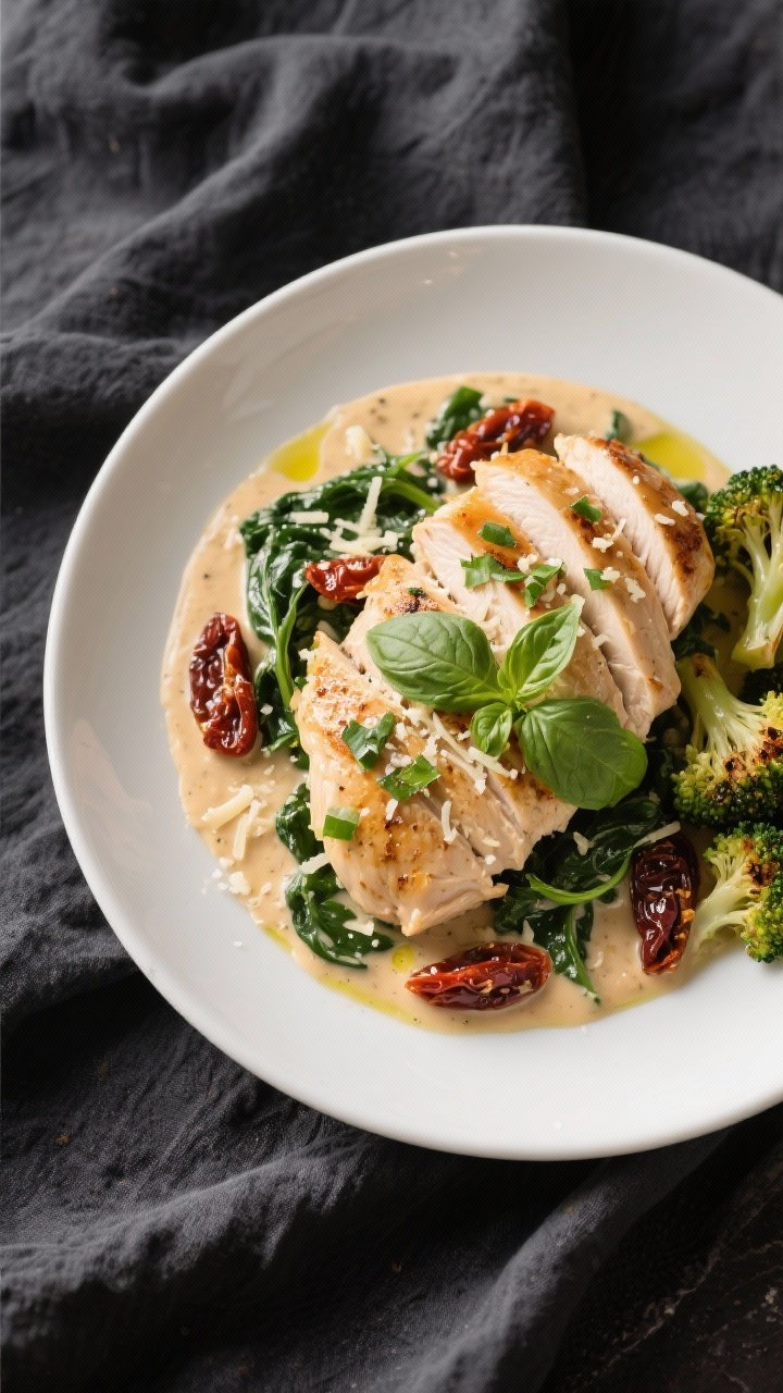 Final dish presentation: Beautifully plated Creamy Tuscan Keto Chicken—sliced, juicy chicken breas