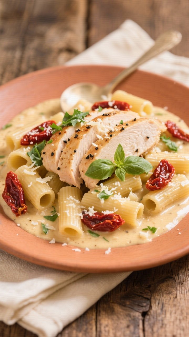 Final dish presentation: Beautifully plated Creamy Tuscan Chicken over al dente rigatoni, sauce gene