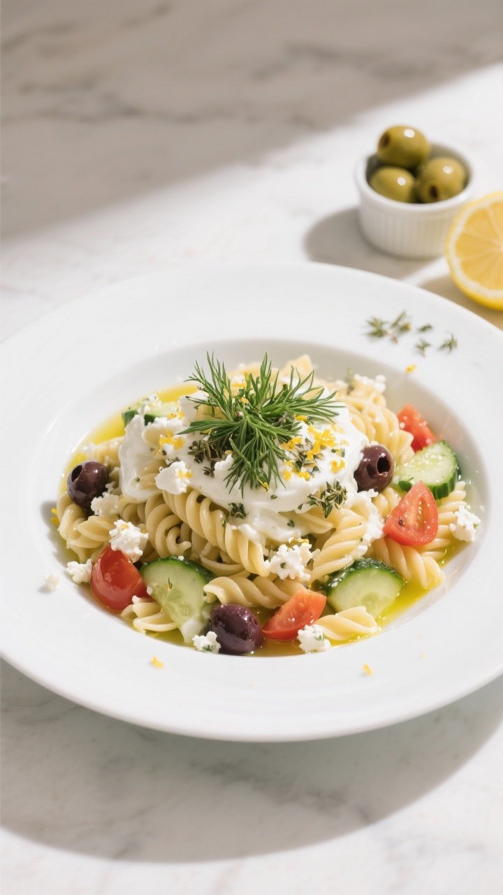 Final dish presentation: Beautifully plated Greek Yogurt Pasta Salad mounded in a shallow white coup