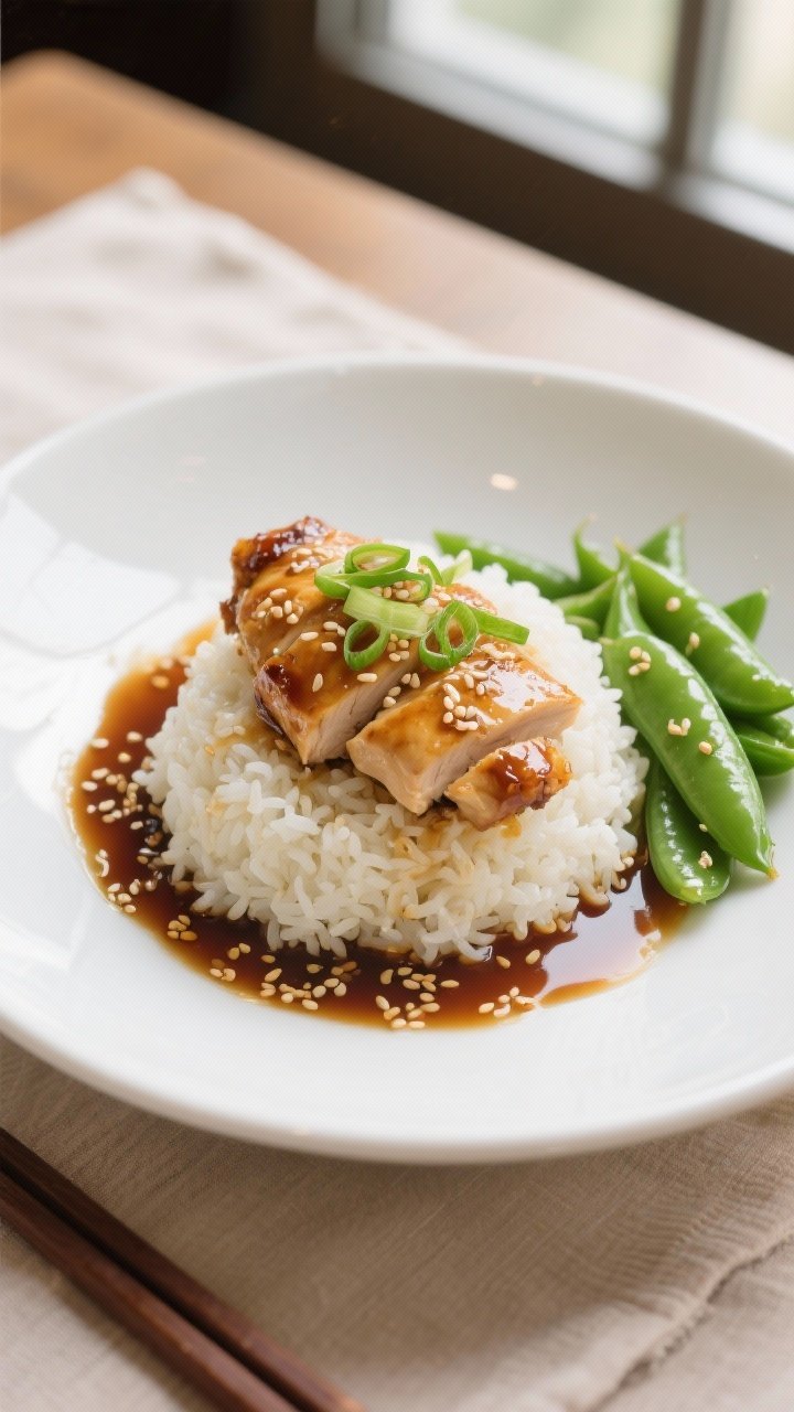 Final dish presentation: Beautifully plated Honey Garlic Chicken Tenderloins over fluffy jasmine ric