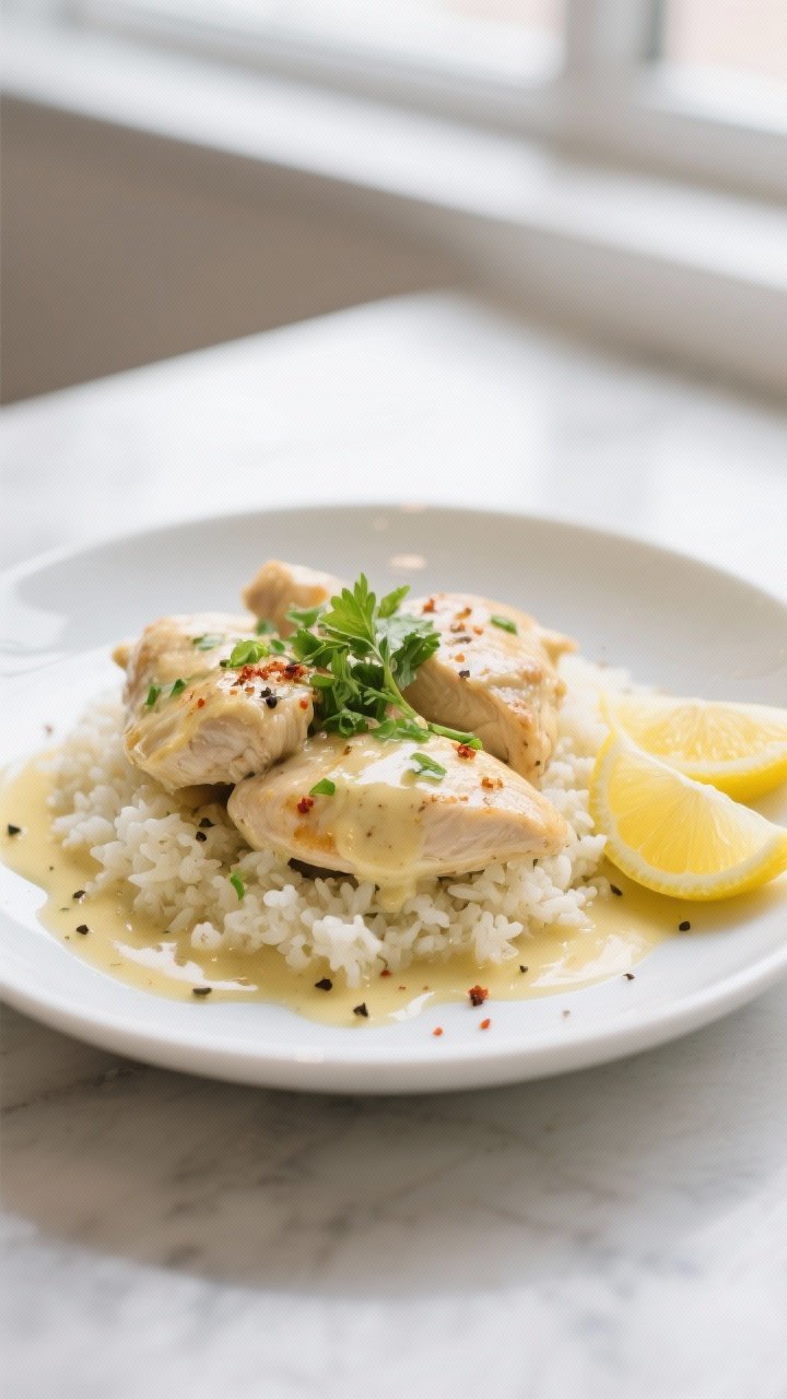 Final dish presentation: Beautifully plated Keto Lemon Butter Chicken on a white shallow bowl, chick