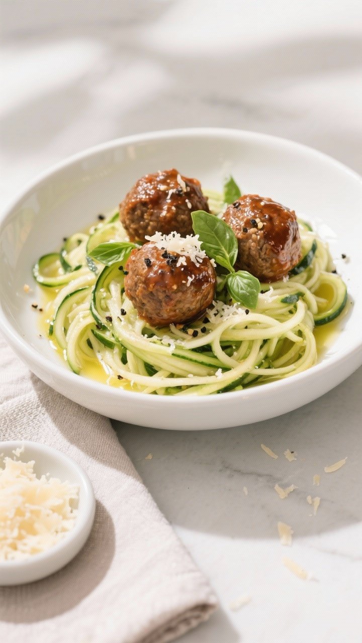Final dish presentation: Beautifully plated Keto Meatball Zoodle Bowl in a wide white bowl—twirls 