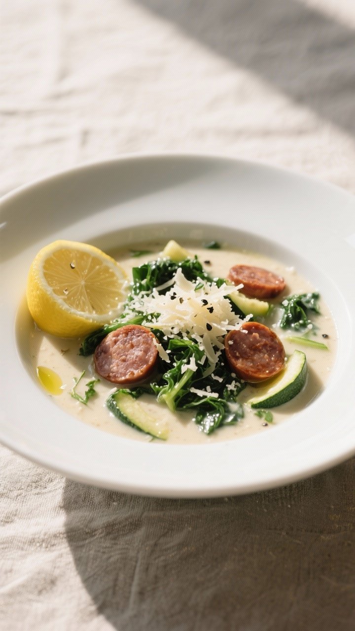 Final dish presentation: Beautifully plated Keto Smoked Sausage and Kale Soup in a wide, shallow whi