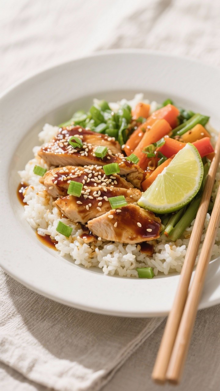 Final dish presentation: Beautifully plated Keto Teriyaki Chicken Bowl over fluffy cauliflower rice 
