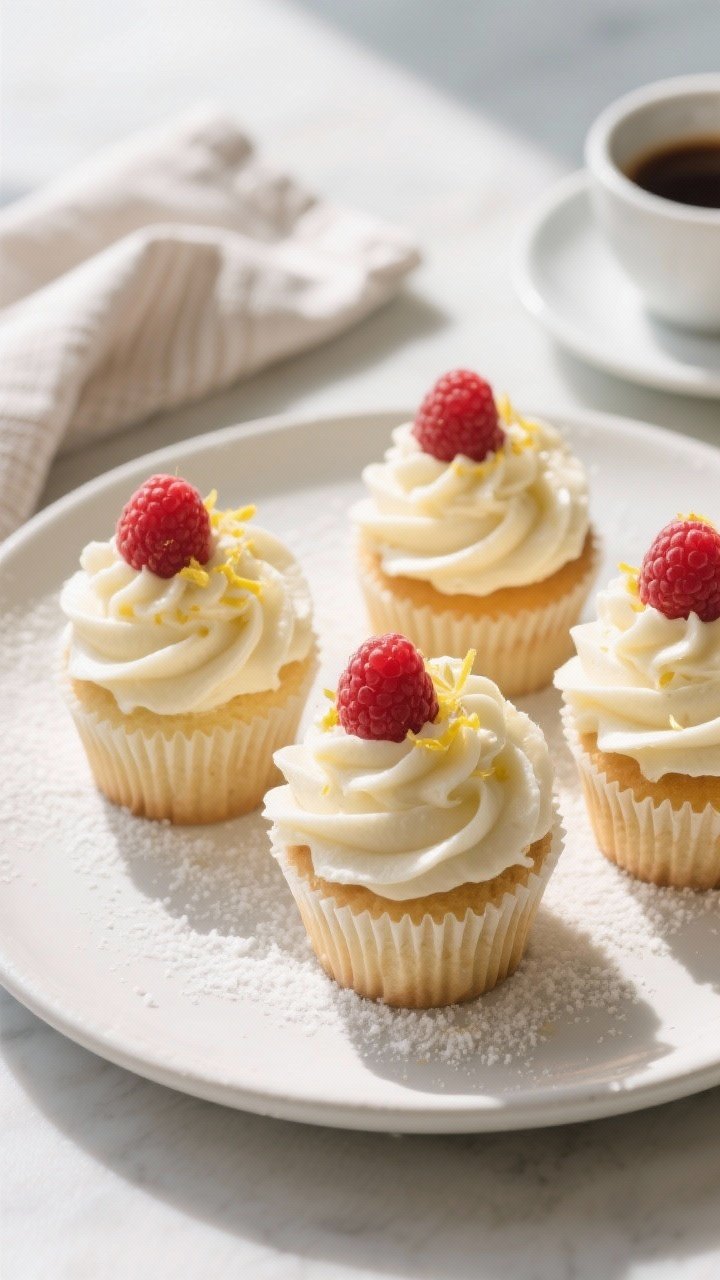 Final dish presentation: Beautifully plated keto vanilla cupcakes swirled with fluffy keto vanilla b