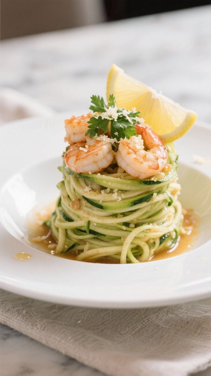 Final dish presentation: Beautifully plated Lemon Garlic Shrimp Zoodles twirled into a tall nest on 