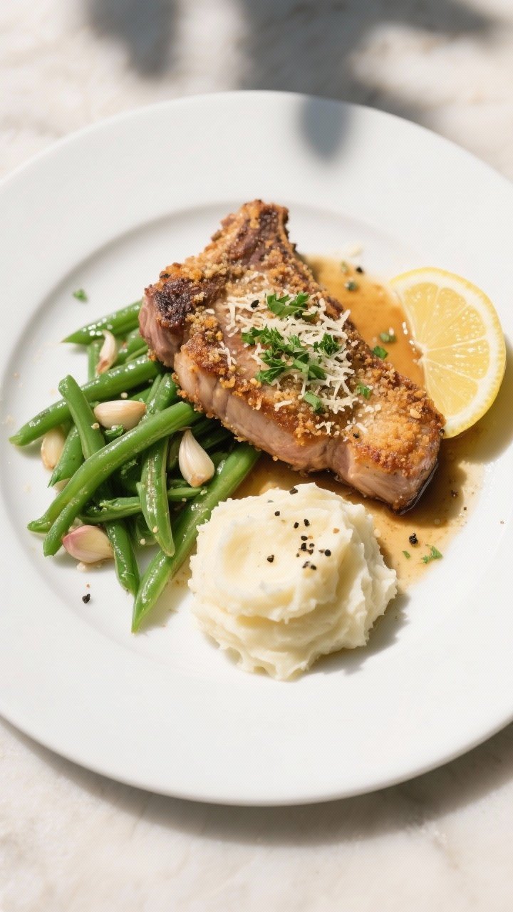 Final dish presentation: Beautifully plated Parmesan crusted pork chop on a matte white plate, sprin