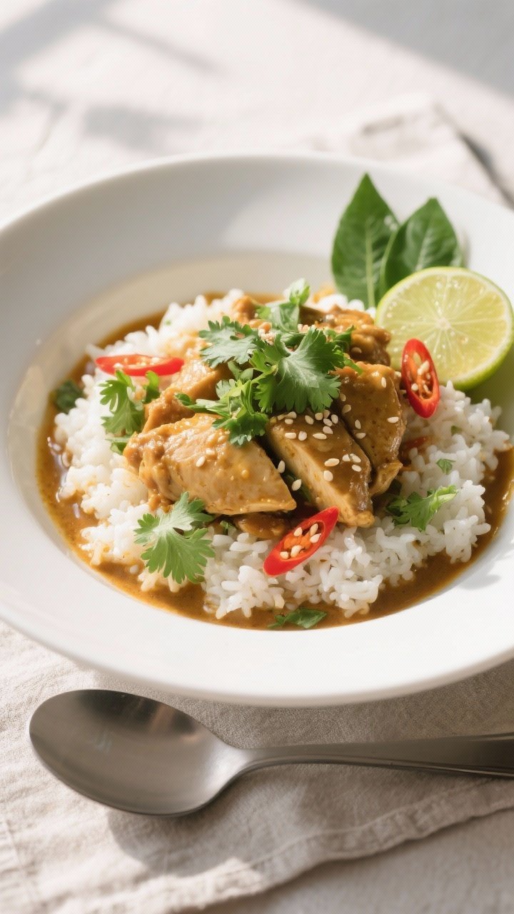 Final dish presentation: Beautifully plated Thai Curry Keto Chicken in a wide white bowl over fluffy