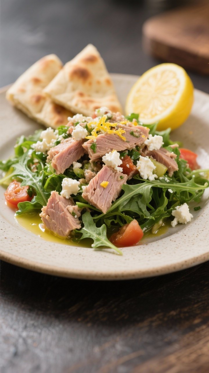 Final dish presentation: Café-style plate of Mediterranean tuna salad heaped over a bed of peppery 