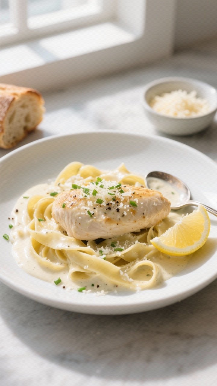 Final dish presentation: Creamy Parmesan Chicken Tenderloins plated over buttered pappardelle on a m