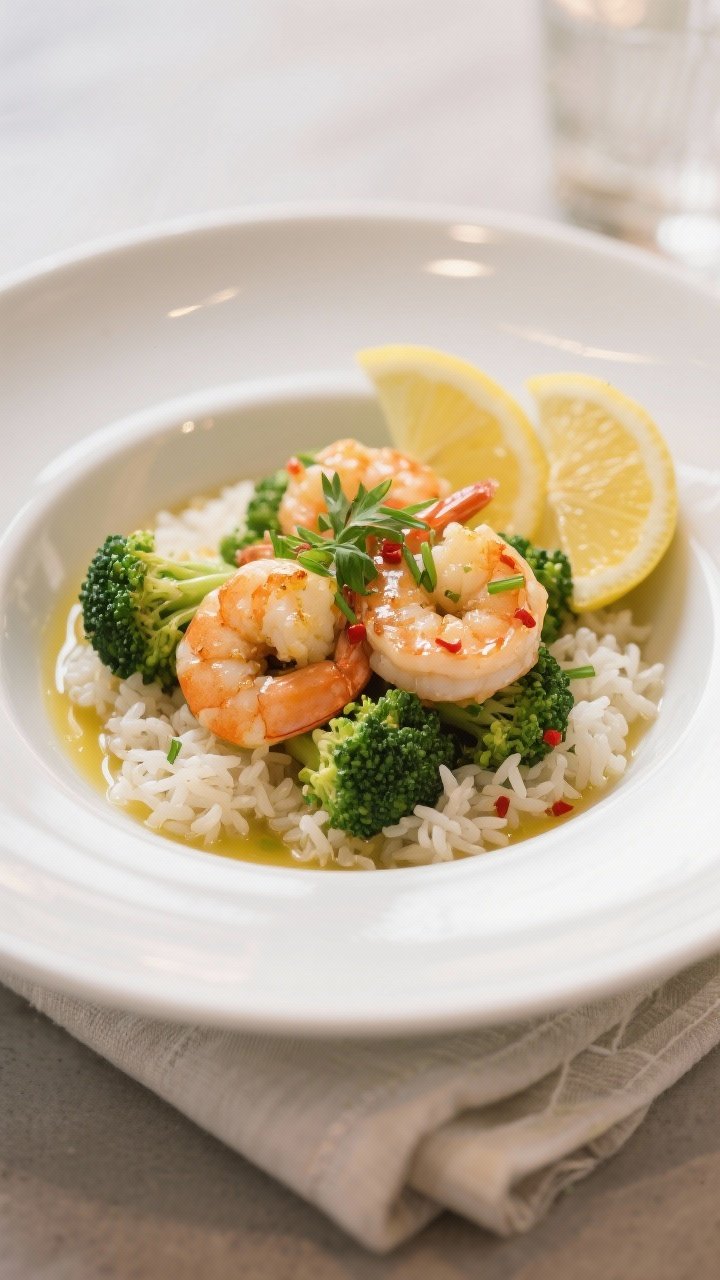 Final dish presentation: Garlic Butter Shrimp and Broccoli plated over fluffy jasmine rice in a wide