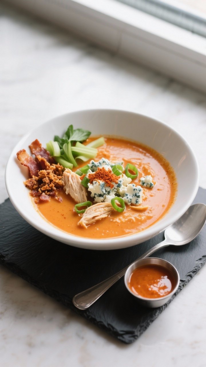 Final dish presentation: Restaurant-quality bowl of Keto Buffalo Chicken Soup plated in a wide white