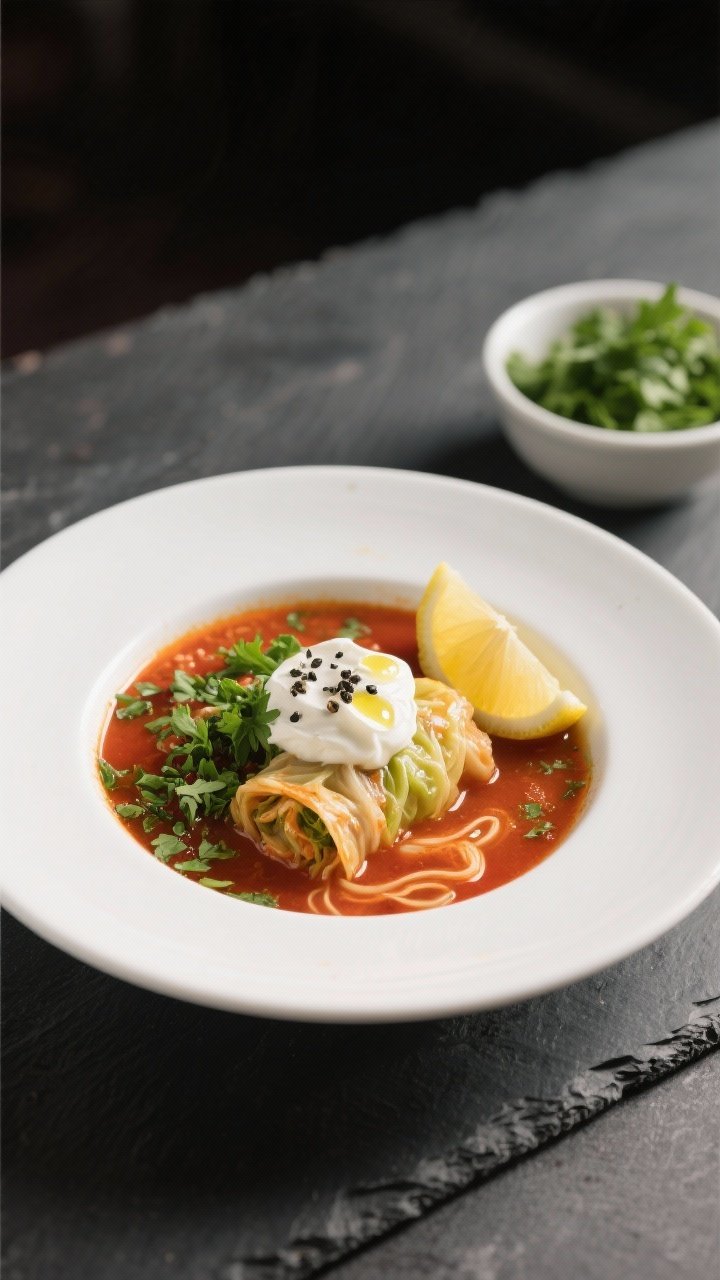 Final dish presentation: Restaurant-quality bowl of low-carb cabbage roll soup served in a wide, whi