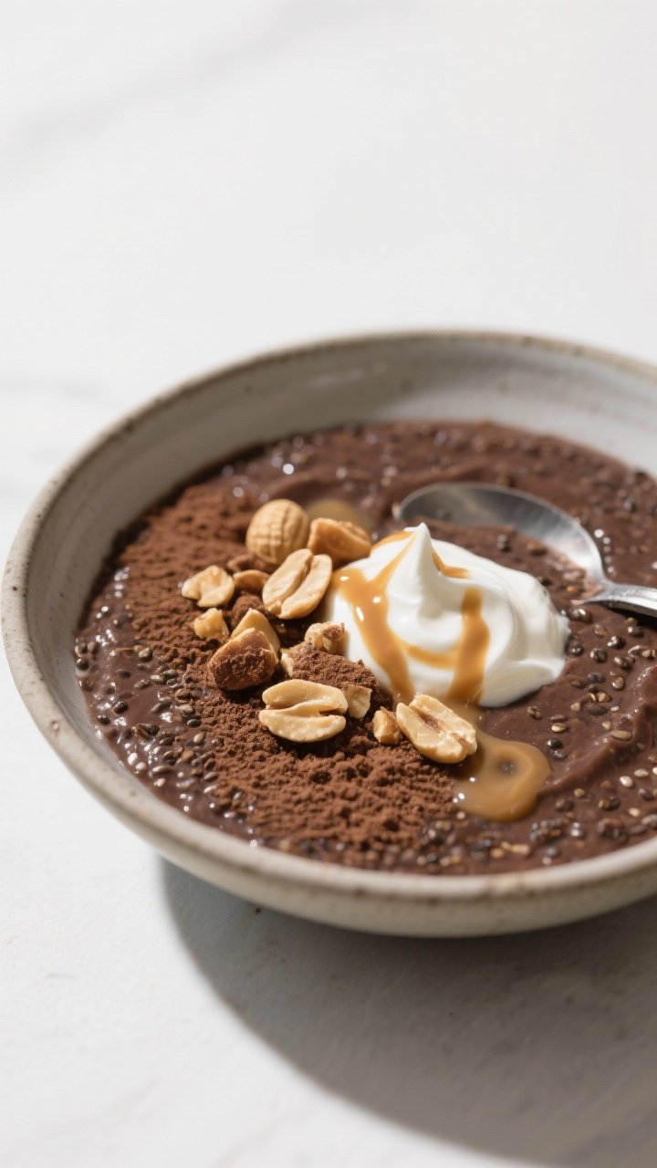 Final dish presentation: Restaurant-quality Chocolate Chia Pudding plated in a low, wide ceramic bow