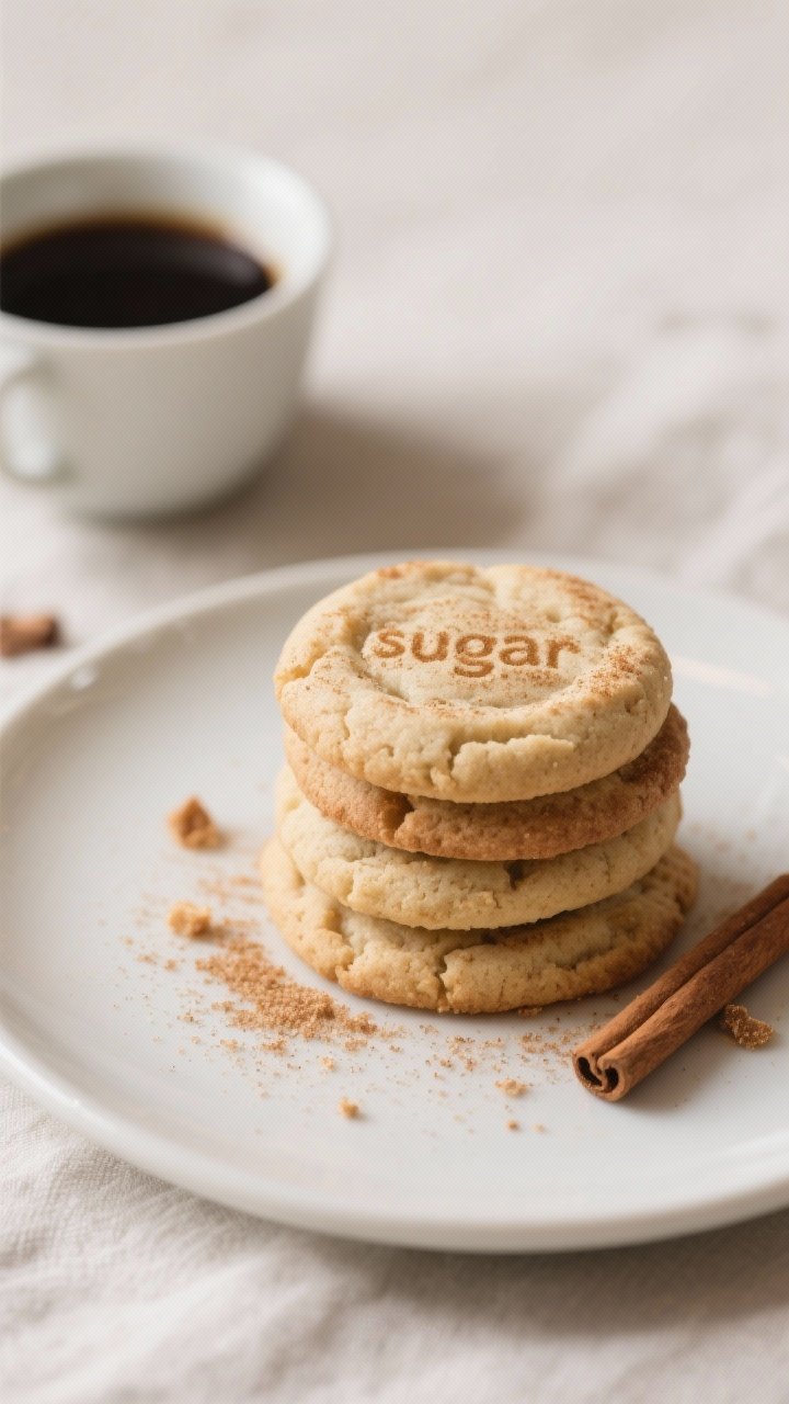 Final dish presentation: Restaurant-quality plate of finished keto snickerdoodle cookies stacked sli