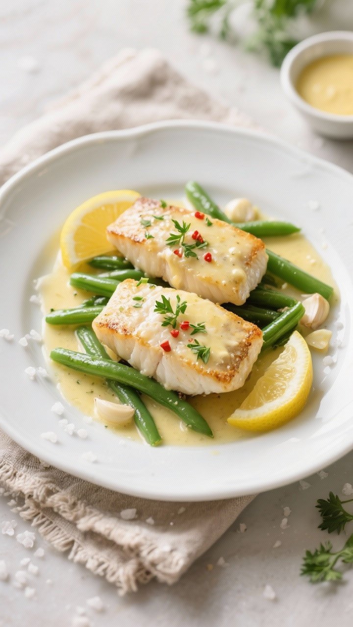 Final dish presentation: Restaurant-quality plate of Lemon Garlic Butter Cod with Green Beans—two