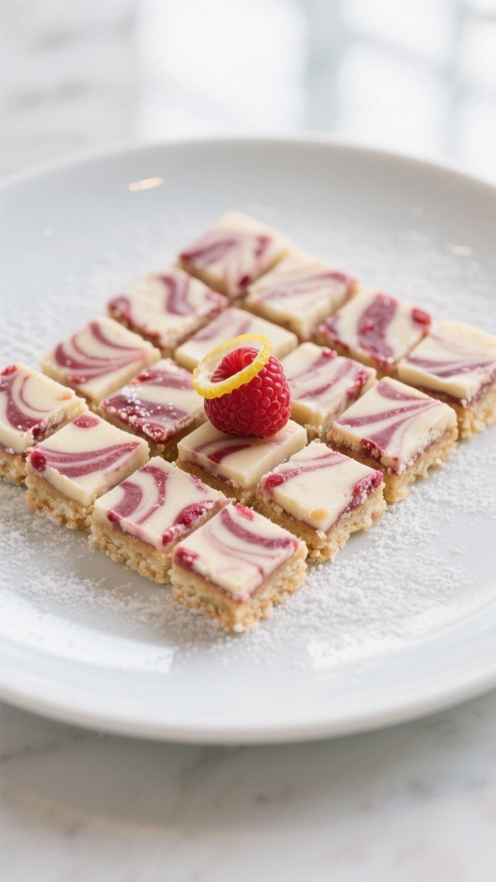 Final dish presentation: Restaurant-quality plate of sliced Keto Raspberry Swirl Bars (neat 16-squar