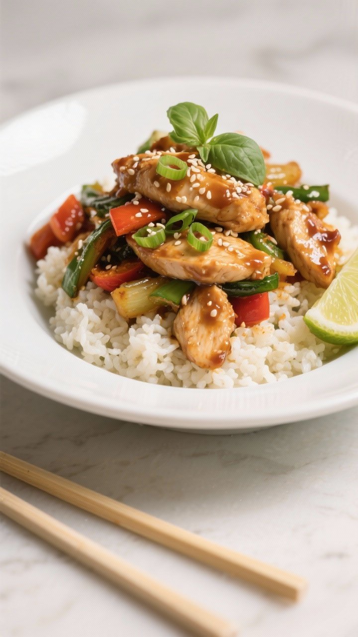 Final dish presentation: Restaurant-quality plated serving of the spicy keto chicken stir-fry over f