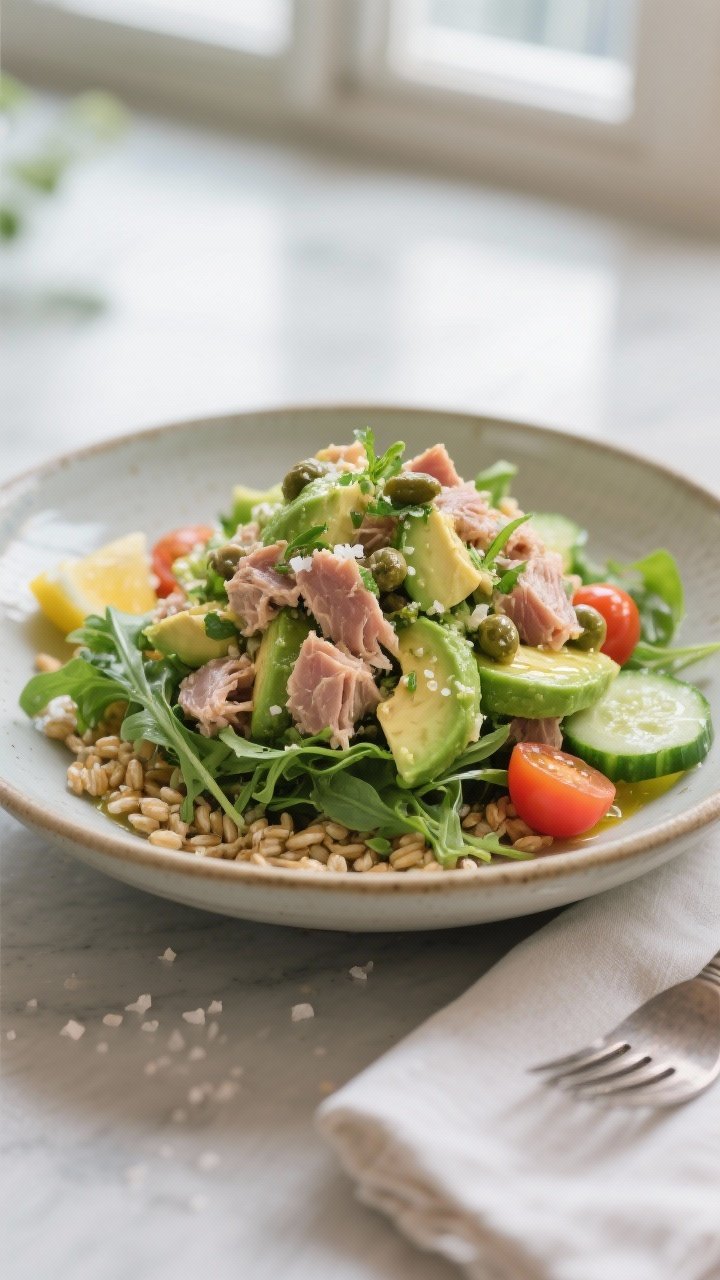 Final dish presentation: Restaurant-quality plated Avocado Tuna Salad Bowl on a wide, shallow cerami