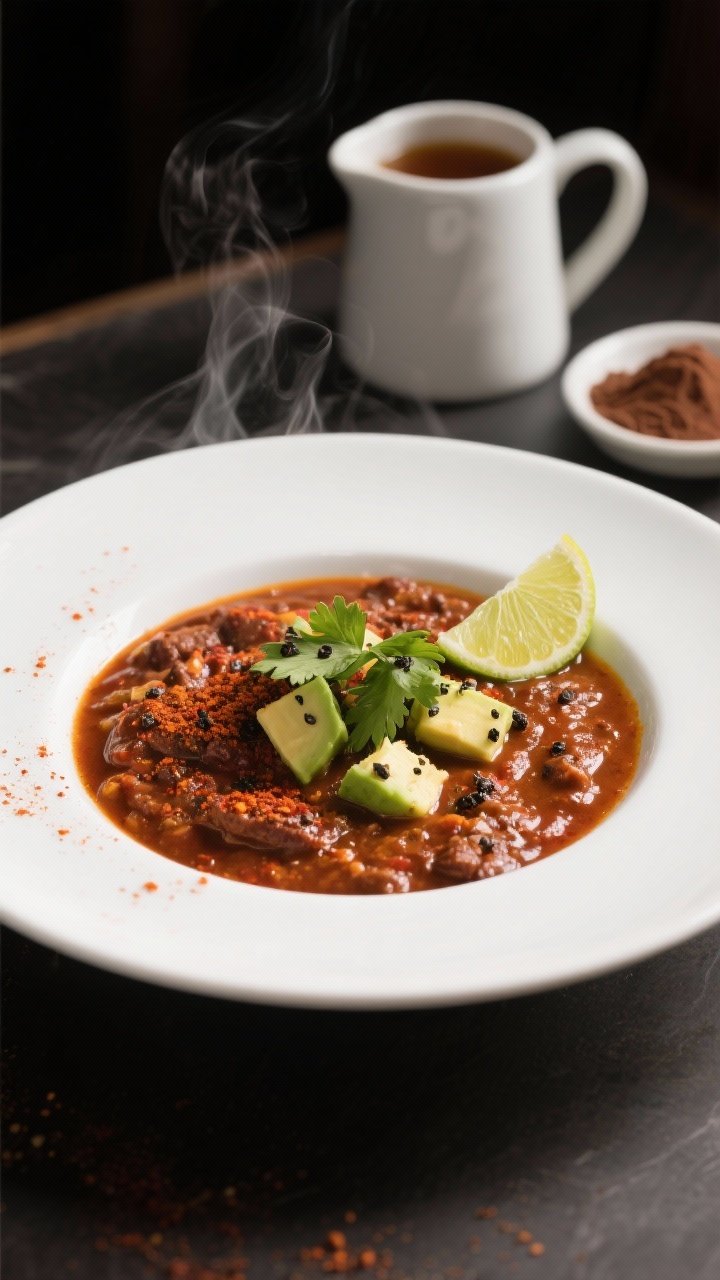 Final dish presentation: Restaurant-quality plated chili in a wide, shallow white bowl, sauce gently