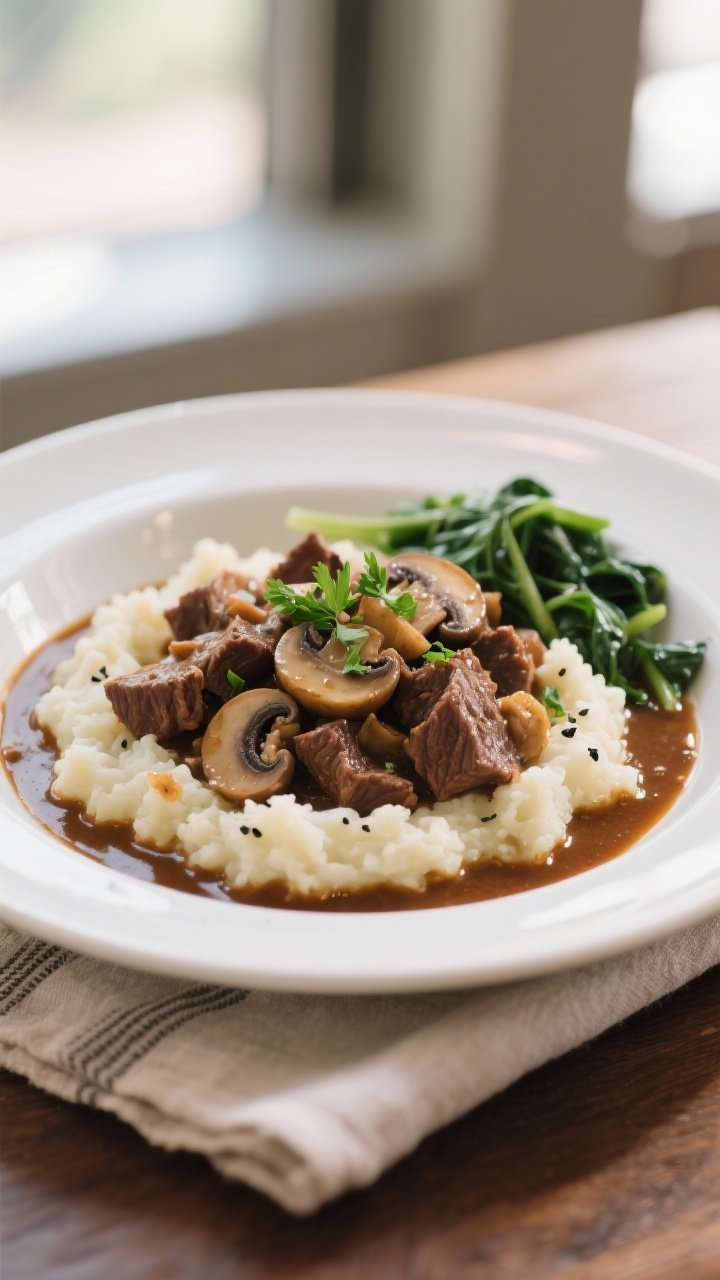 Final dish presentation: Restaurant-quality plated Keto Crockpot Beef and Mushroom Stew — ladled i