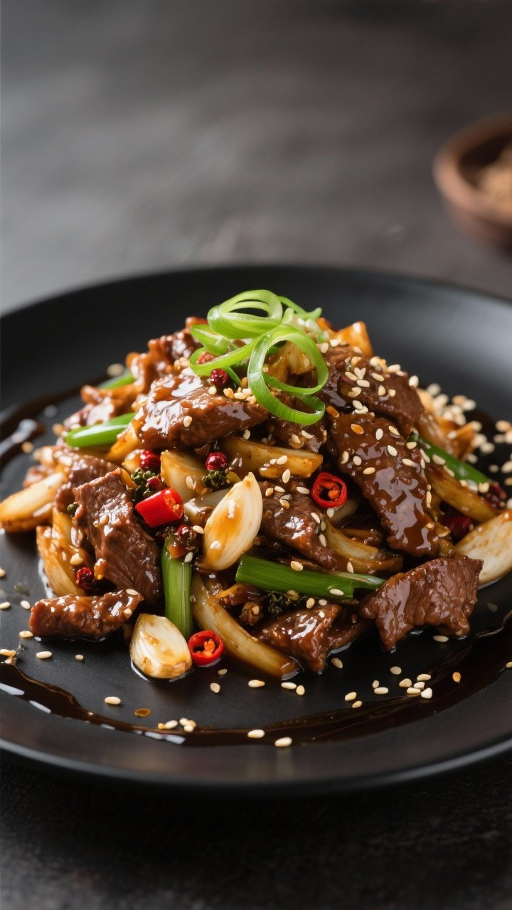 Final dish presentation: Restaurant-quality plated stir fry (no rice) on a matte black plate, mounde