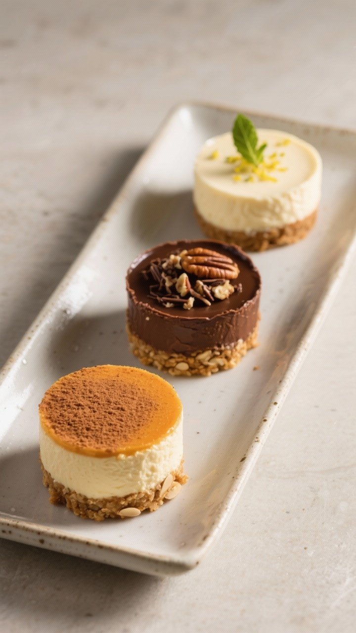 Final dish presentation: Restaurant-quality plated trio of keto cheesecake cups on a long rectangula