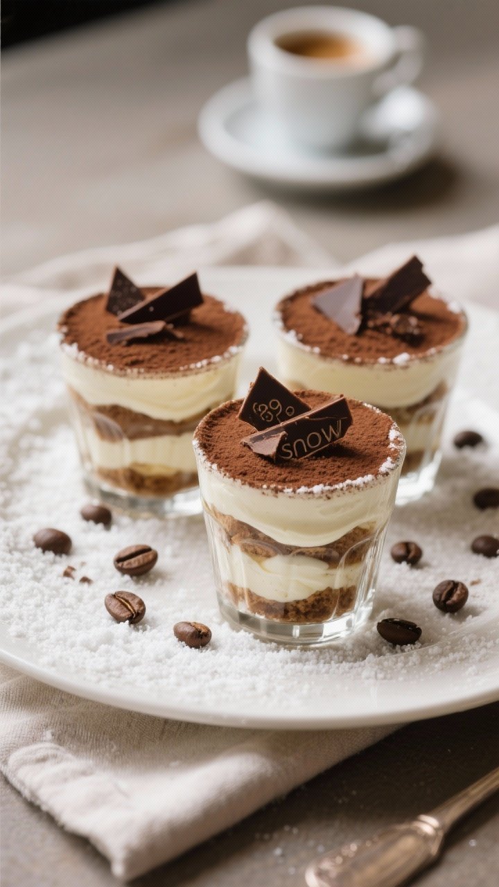 Final dish presentation: Restaurant-quality plated Keto Tiramisu Cups arranged in a trio, each finis