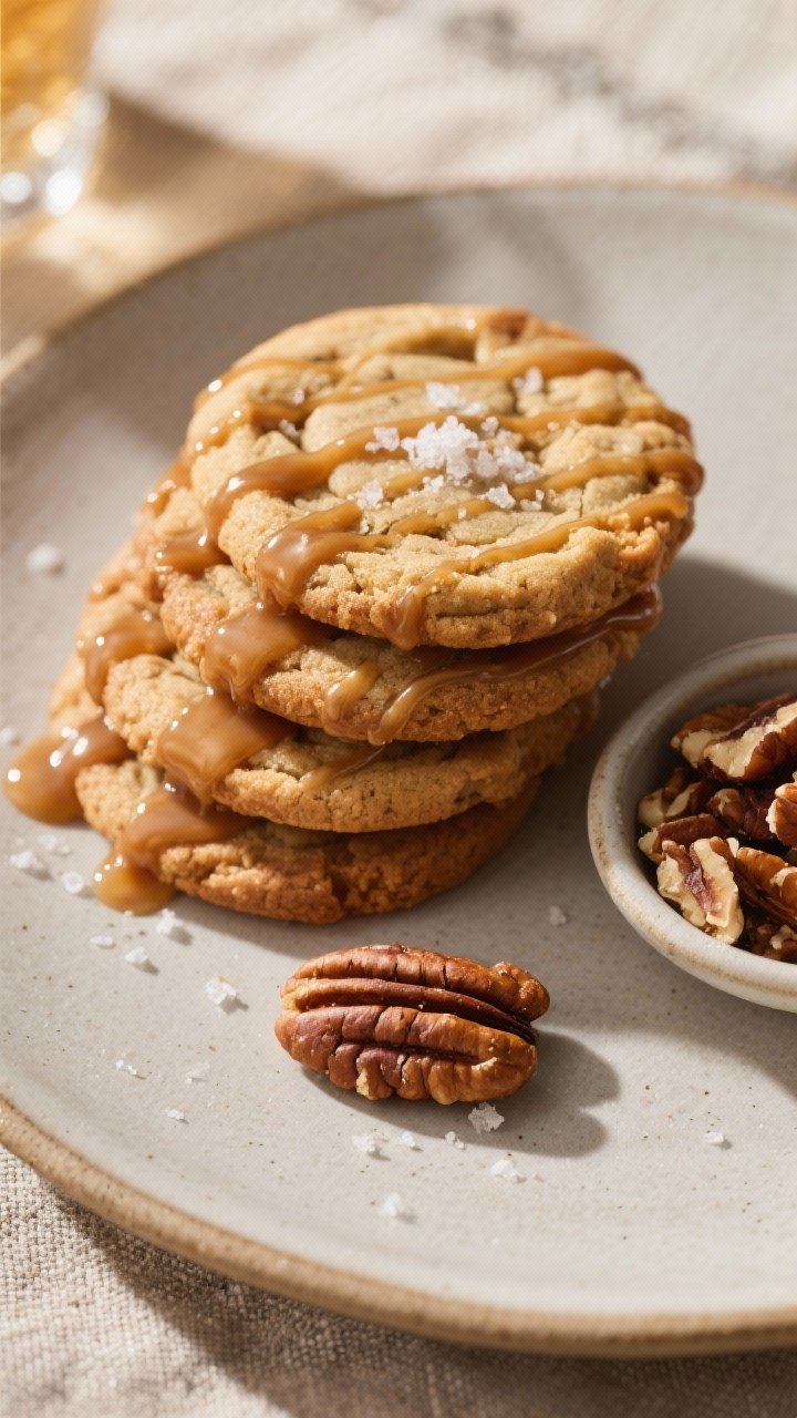 Final dish presentation: Restaurant-quality plated Keto Maple Pecan Cookies stacked and fanned on a 