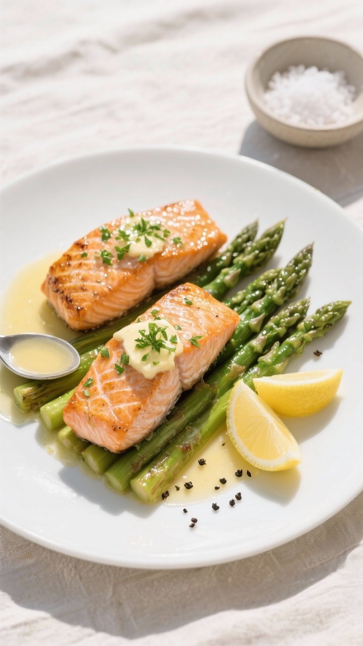 Final dish presentation: Restaurant-quality plated garlic butter salmon with asparagus on a matte wh