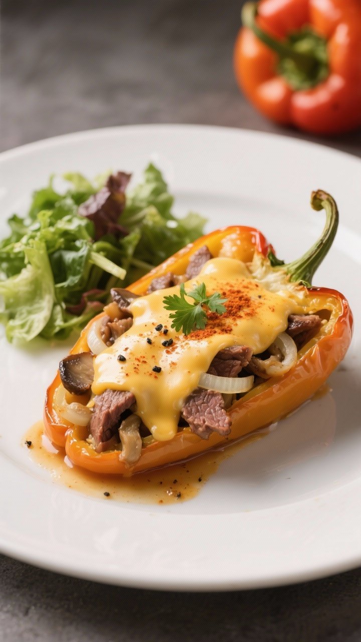 Final dish presentation: Restaurant-quality plated Philly Cheesesteak Stuffed Pepper on a matte whit