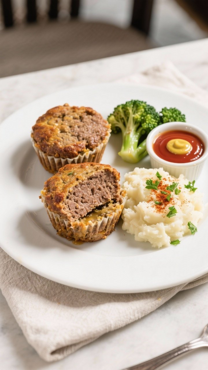 Final dish presentation: Restaurant-quality plating of two keto meatloaf muffins on a matte white pl