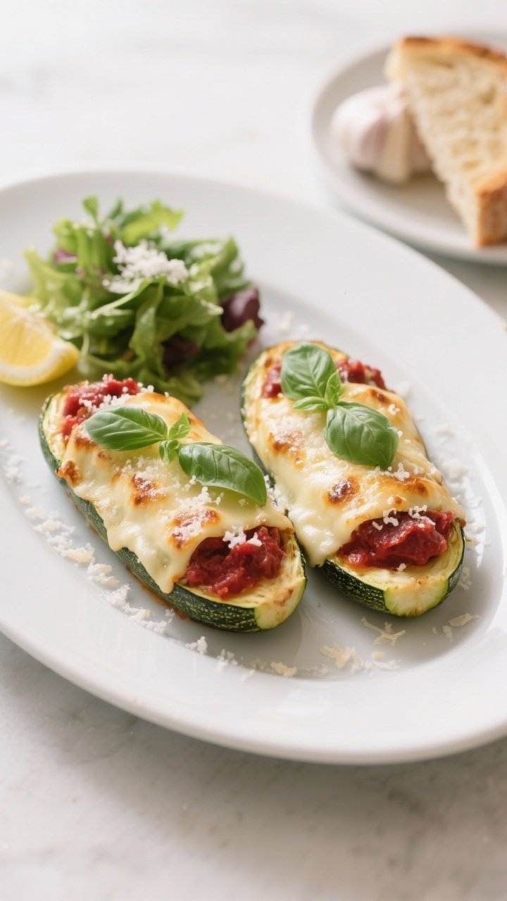 Final dish presentation: Restaurant-quality plating of two stuffed zucchini boats on a matte white o