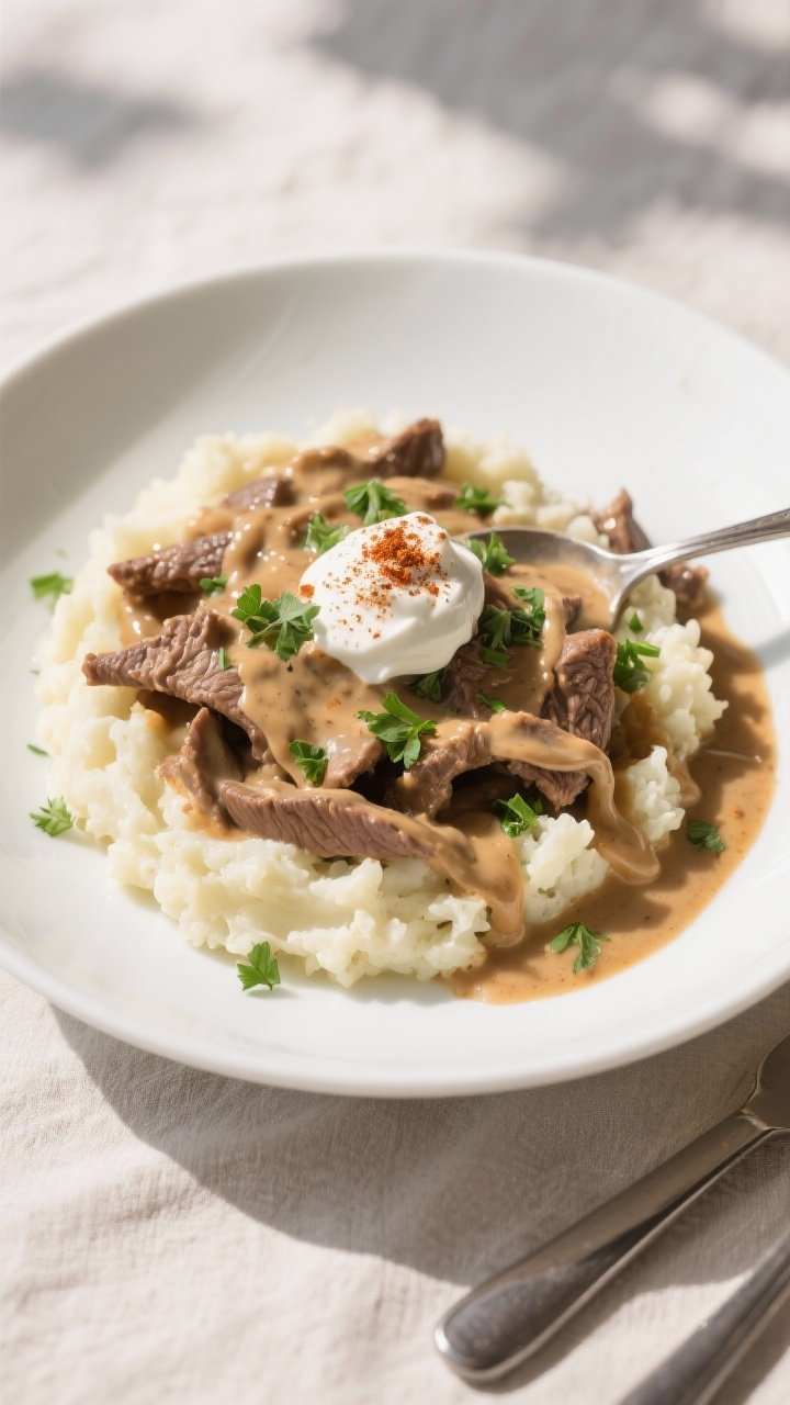 Final dish presentation: Restaurant-quality plating of creamy keto beef stroganoff spooned over velv