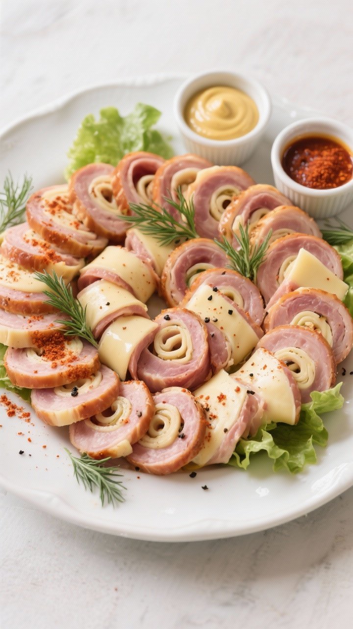 Final dish presentation: Restaurant-quality platter of keto ham and Swiss roll-ups arranged in conce