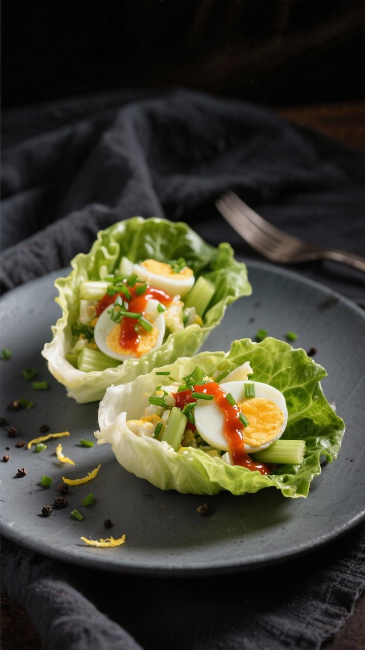Final dish presentation, restaurant-quality: two romaine heart wraps arranged on a slate-gray plate,