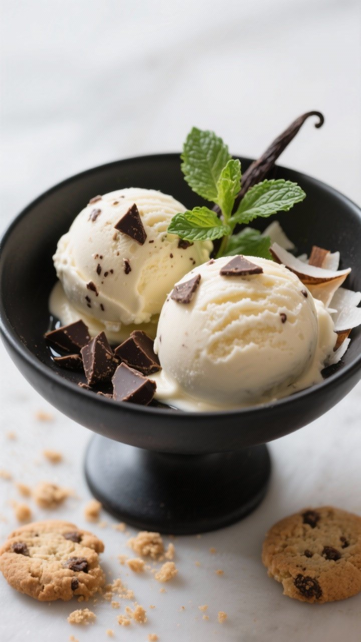 Final dish: Restaurant-quality presentation of vanilla bean keto ice cream, two perfectly round scoo