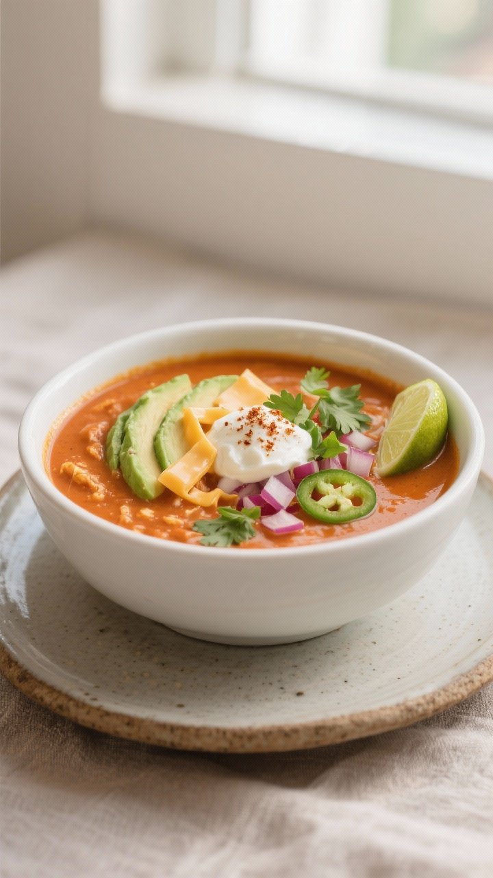 Final dish, restaurant-style presentation: A deep white bowl filled with Keto Chicken Enchilada Soup