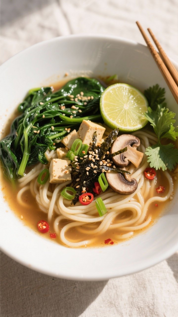Final dish, tasty top view: Overhead shot of a beautifully plated bowl of Ginger Miso Noodle Soup wi