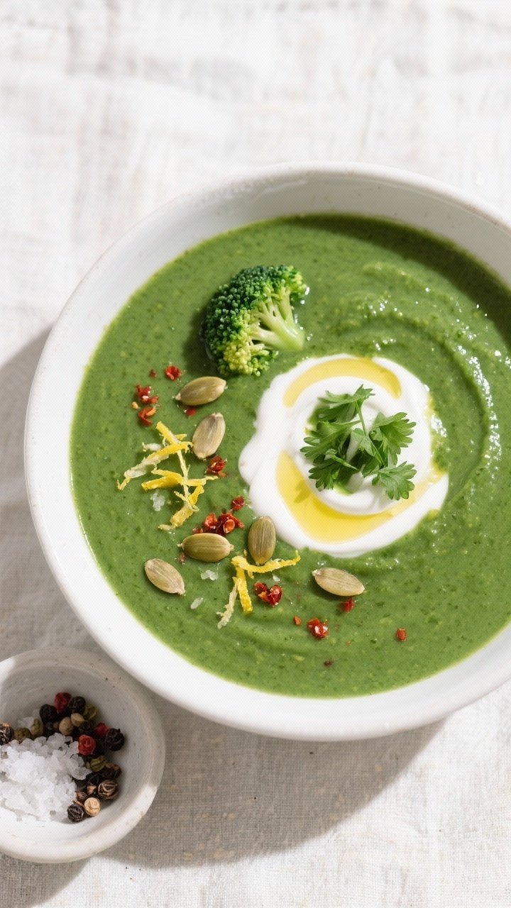 Final dish, tasty top view: Overhead shot of a beautifully plated bowl of green detox spinach & broc
