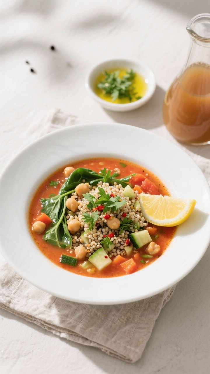 Final dish, tasty top view: Overhead shot of a beautifully plated bowl of Protein-Packed Quinoa Vege