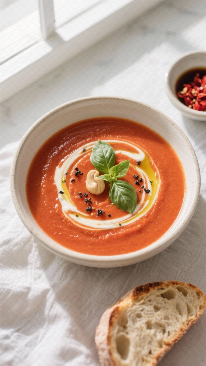 Final dish, tasty top view: Overhead shot of a bowl of silky roasted tomato basil vegan soup, ultra-