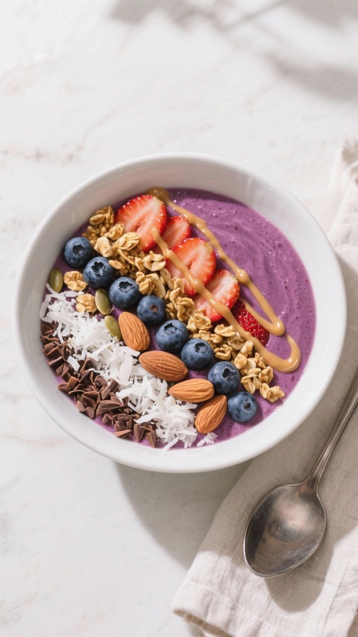 Final dish, tasty top view: Overhead shot of a Greek Yogurt Protein Smoothie Bowl poured thick into 