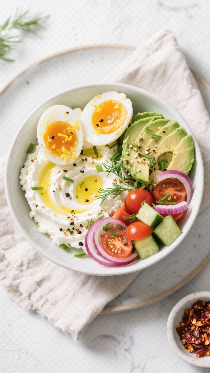 Final dish, tasty top view: Overhead shot of a Savory Cottage Cheese & Egg Power Bowl fully assemble