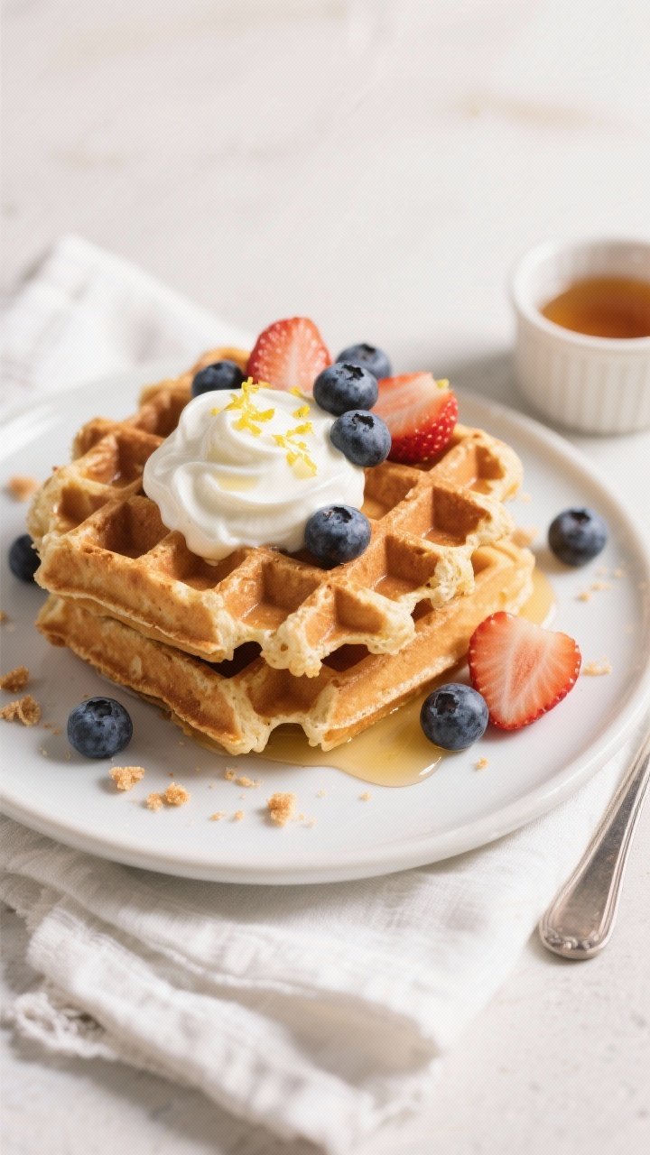 Final dish, tasty top view: Overhead shot of a stack of crispy protein waffles on a matte white plat