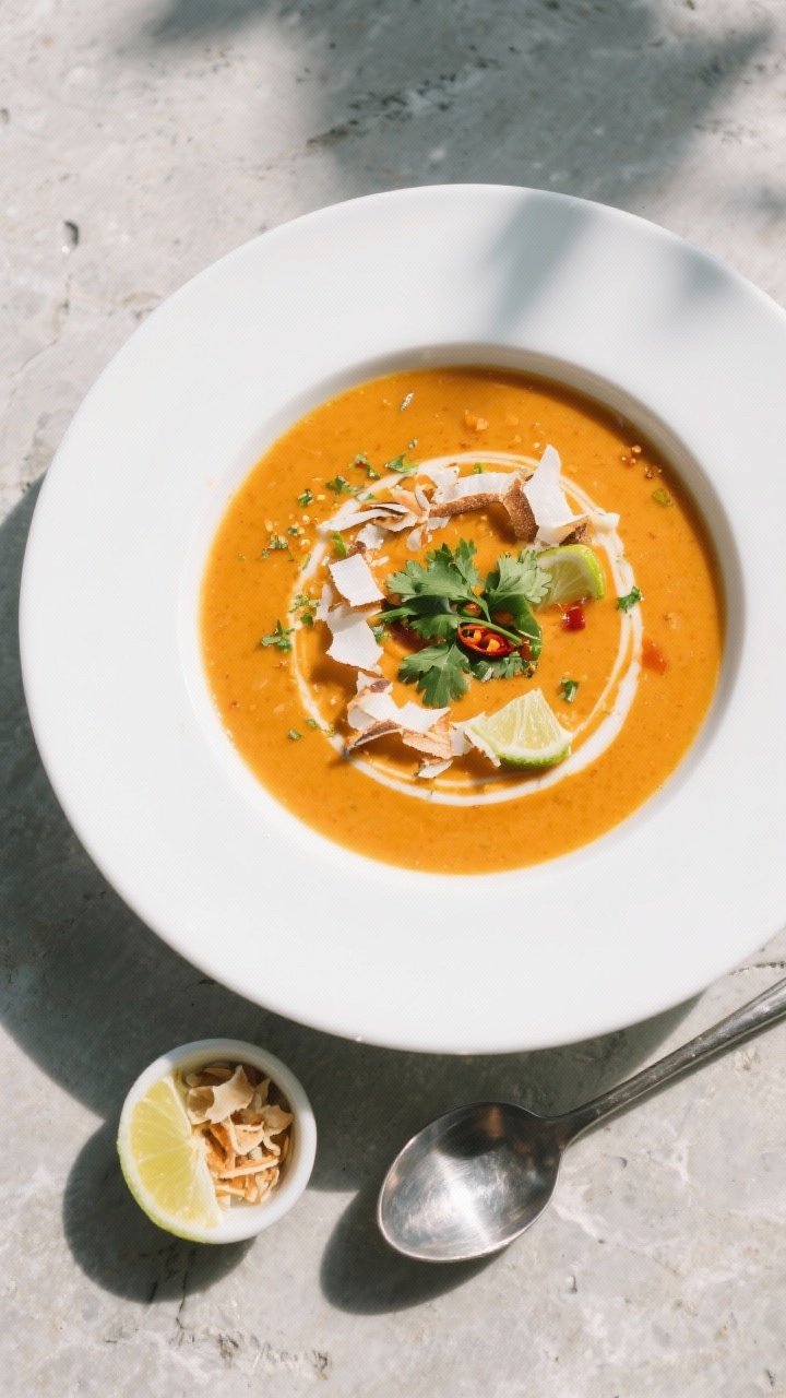 Final dish, tasty top view: Overhead shot of Carrot Coconut Lime Soup served in a wide white bowl—